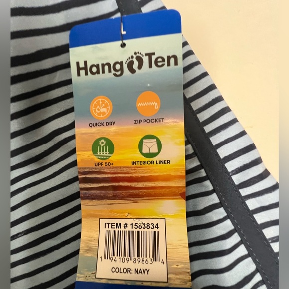 HANG TEN MENS SWIM TRUNKS. SIZE LARGE. 
LIGHT AND DARK BLUE STRIPES. - Picture 3 of 12
